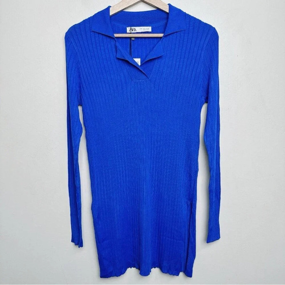 Zara Womens Size Medium Ribbed Royal Blue Slit Hem Tunic Top - Picture 2 of 13